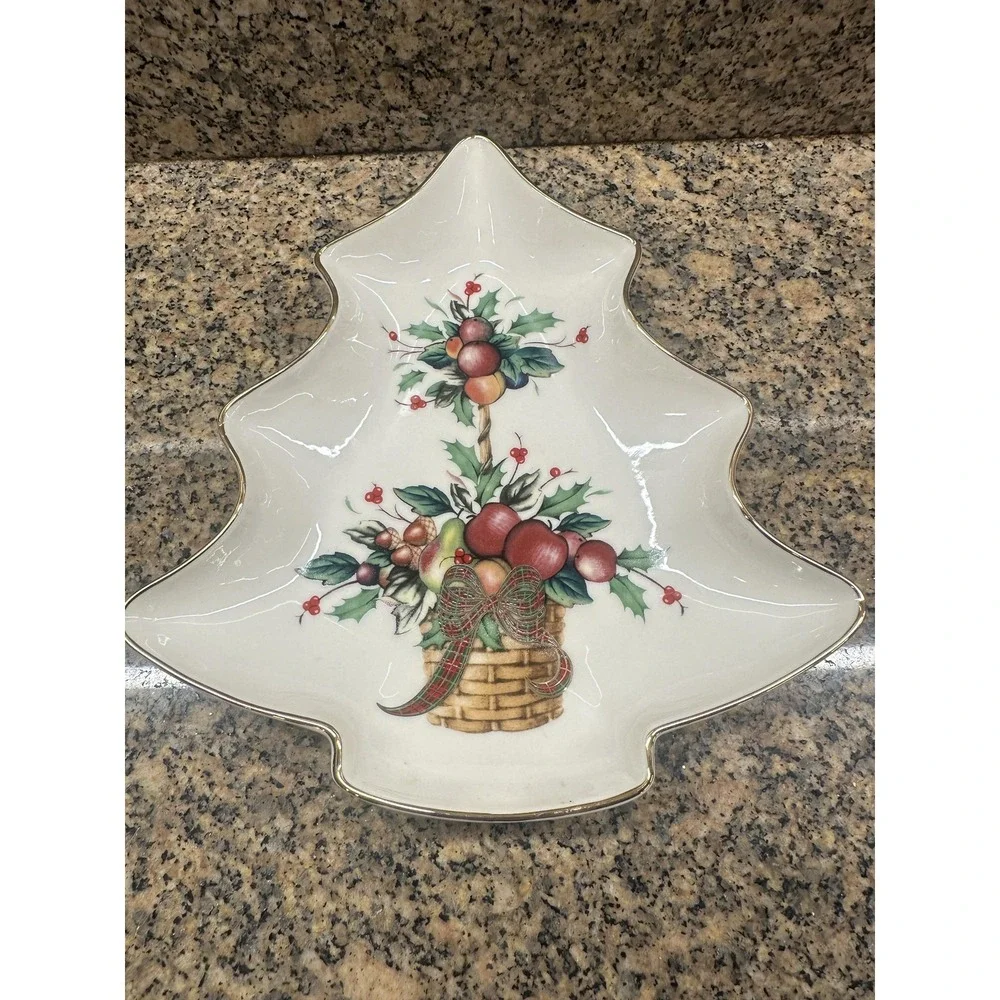 Lenox‎ Holiday Tartan Tree Candy Dish Christmas Serving Plate Bowl Gold Rim